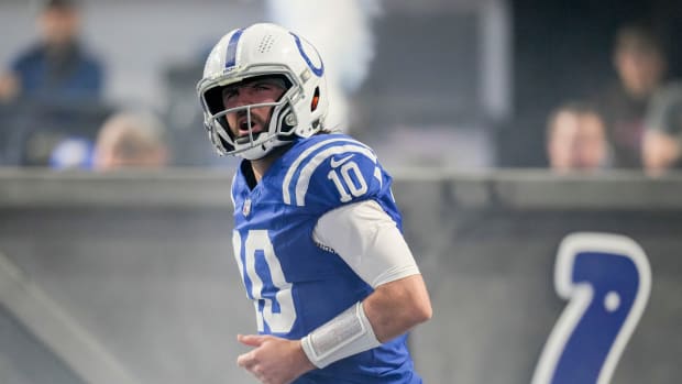 Indianapolis Colts quarterback Gardner Minshew II (10) takes the field Sunday, Dec. 31, 2023, during a game against the Las Vegas Raiders at Lucas Oil Stadium in Indianapolis.